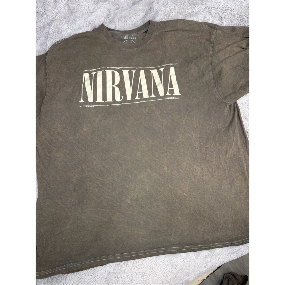 Nirvana Spellout Smiley Face Band T Shirt Acid Wash Brown Size XL Grunge Concert
